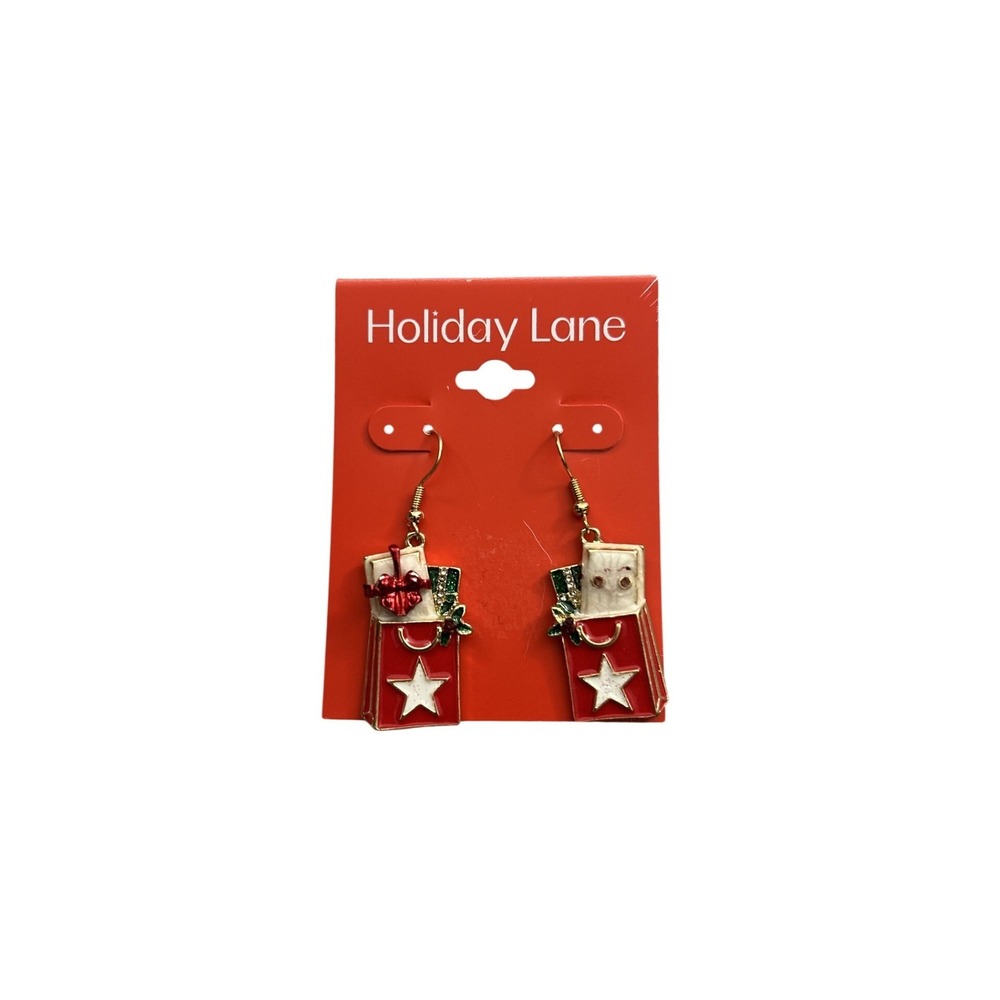 Holiday Lane Gift Bag Earrings‎ Women OS Red NEW Christmas Enamel Star Dangle
